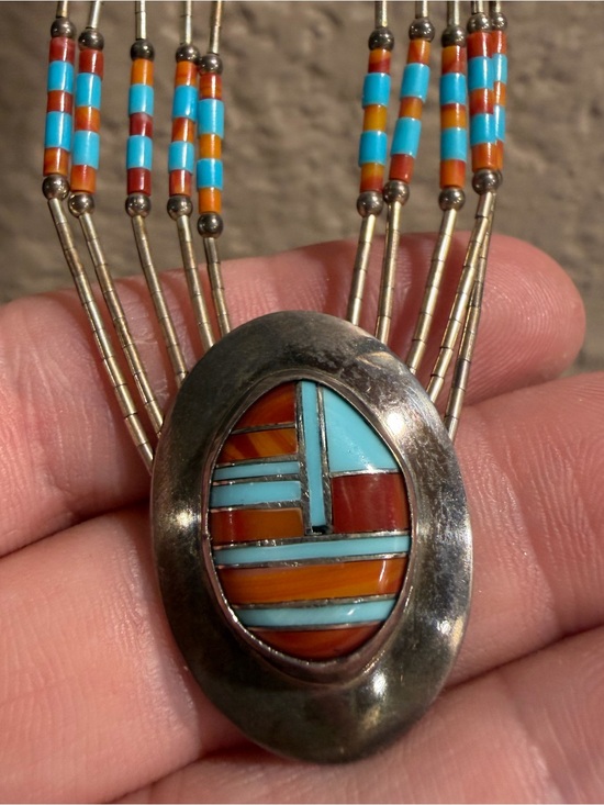 Native American Jewelry - Handcrafted Inlay Pendant Necklace with Turquoise and Orange Accents